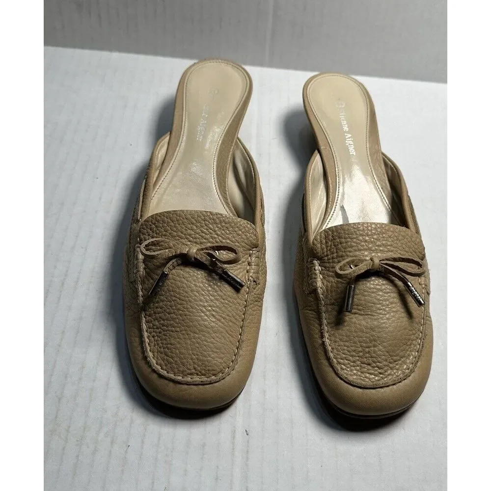 Etienne Aigner Walton Mules Beige Leather Round Apron Toe Low Heel Shoes Sz 9.5M